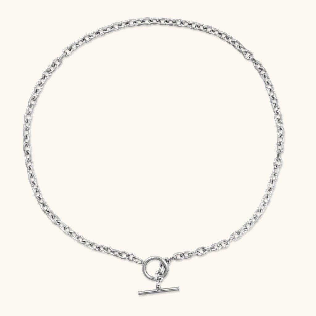 Silver chain necklace with toggle clasp on a light background