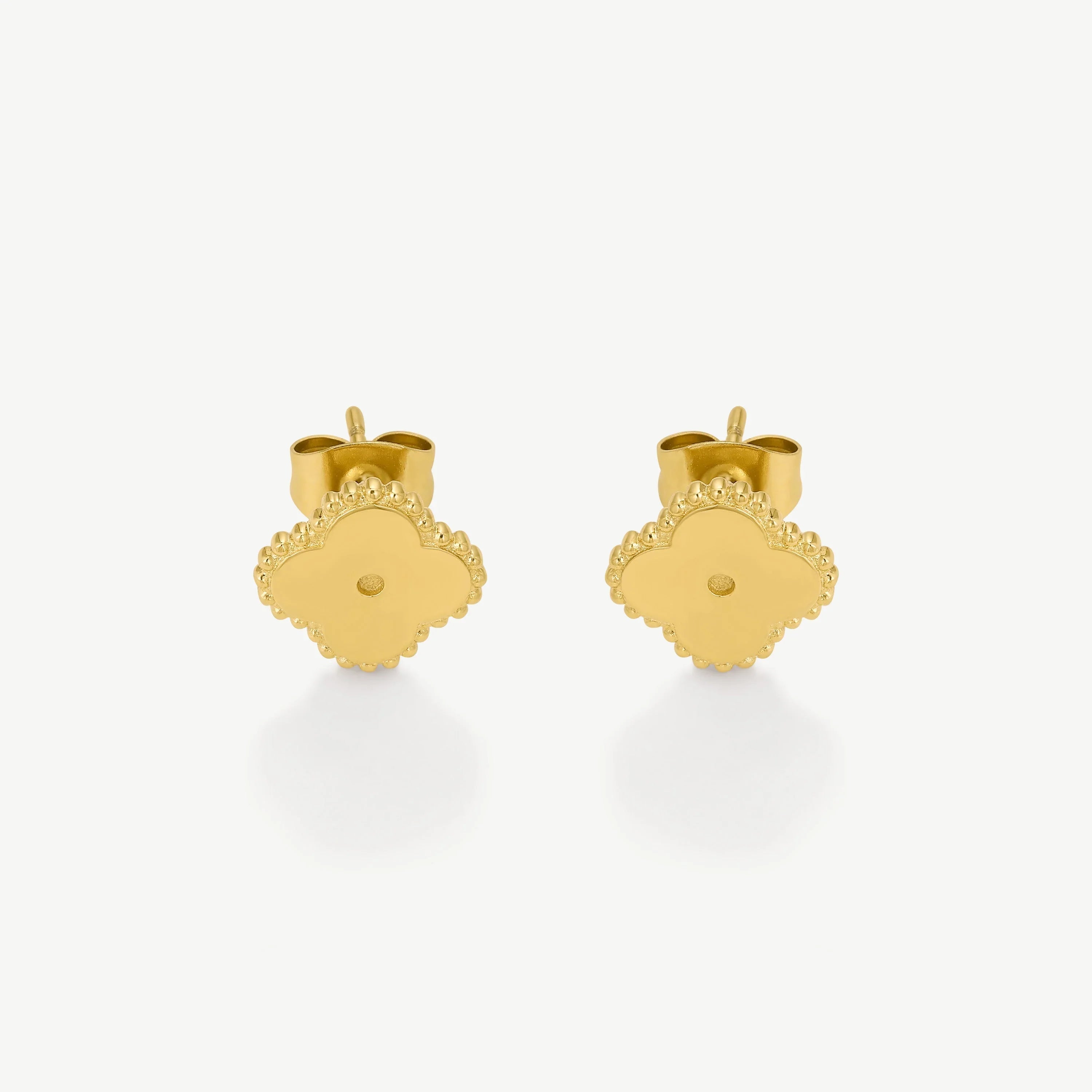 Pair of gold stud earrings with clover-shaped design and beaded edges