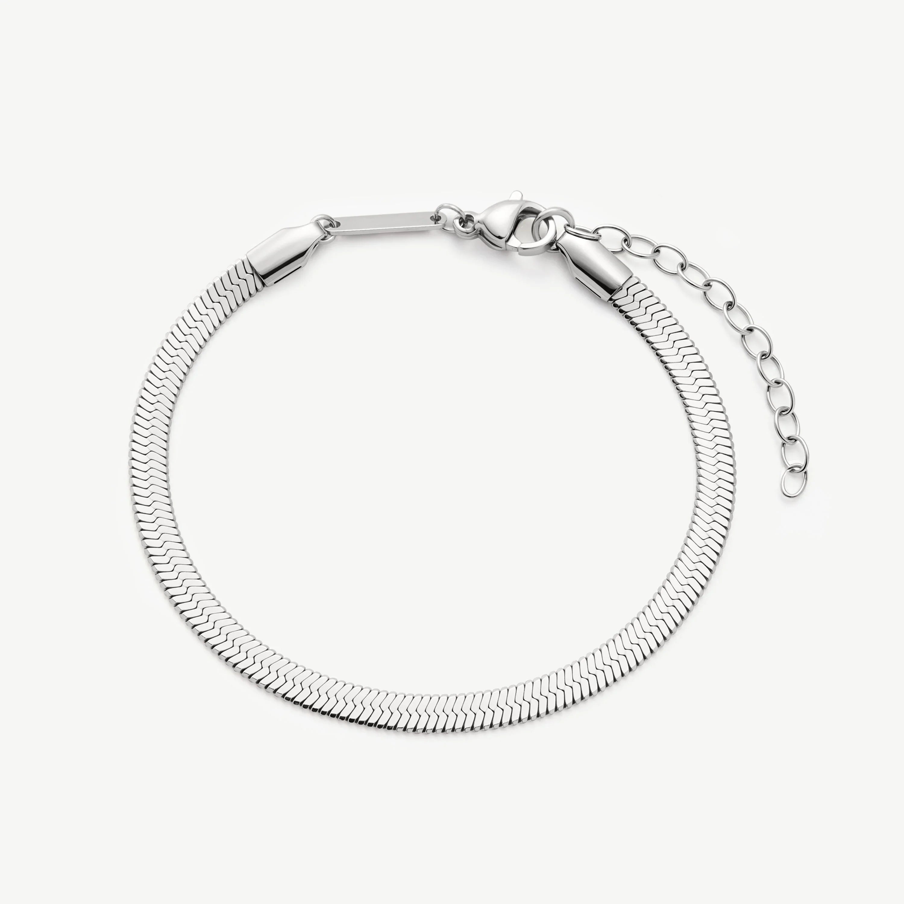 Silver snake chain bracelet with lobster clasp and adjustable links on white background
