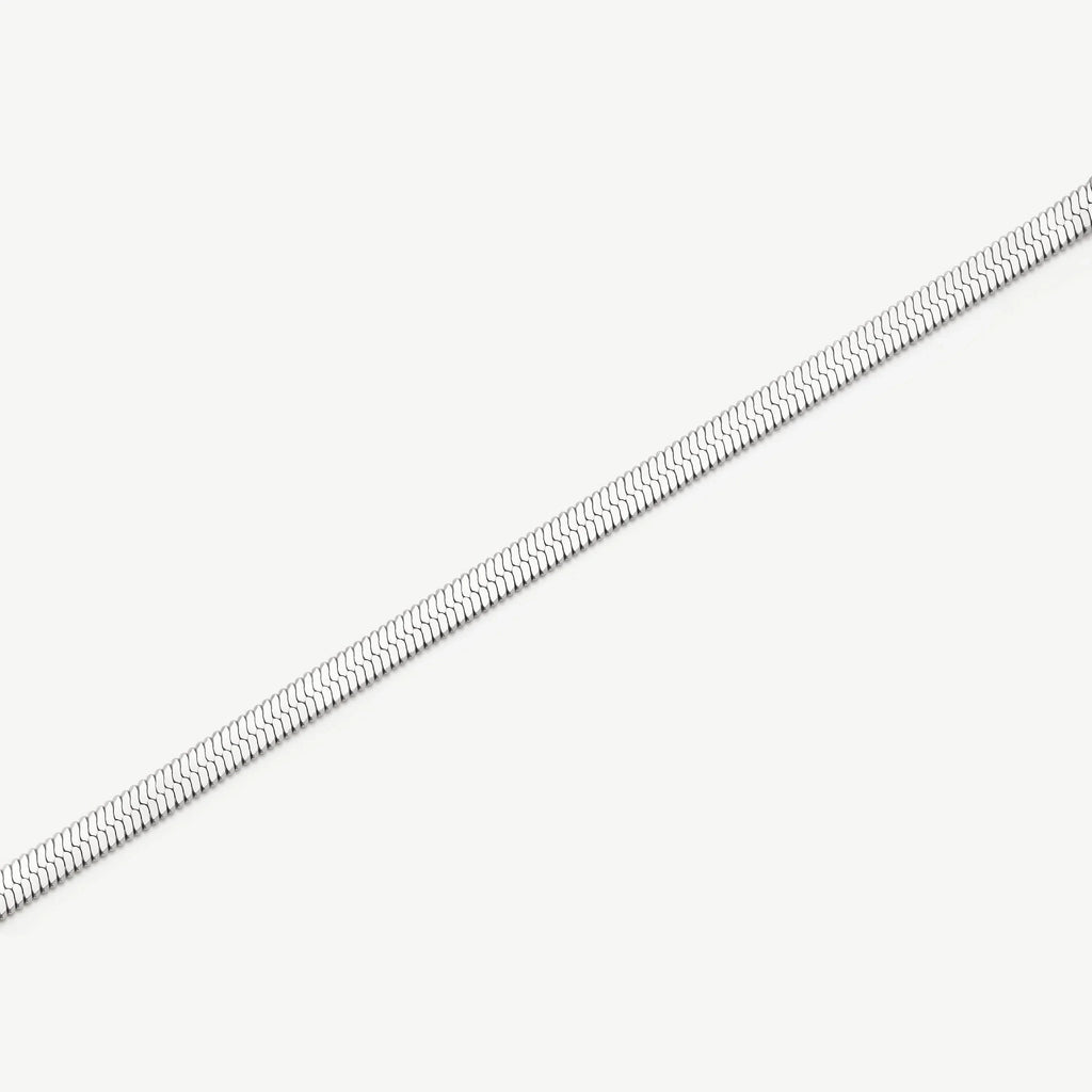 Close-up of a silver herringbone chain necklace on white background